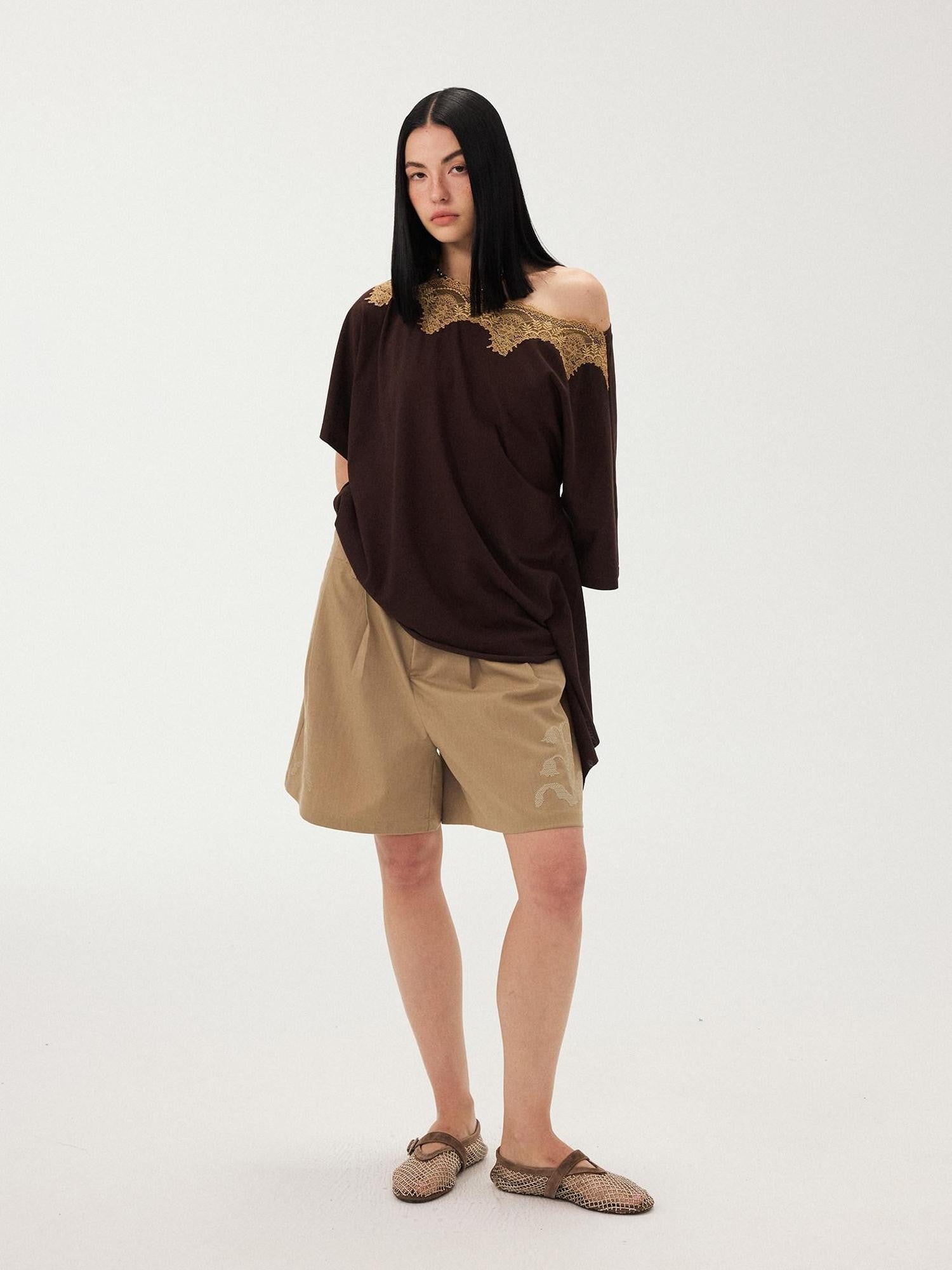 DIDDI MODA Desert Brown Embroidered Pleated Wide Leg Women&