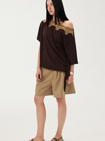 DIDDI MODA Desert Brown Embroidered Pleated Wide Leg Women&
