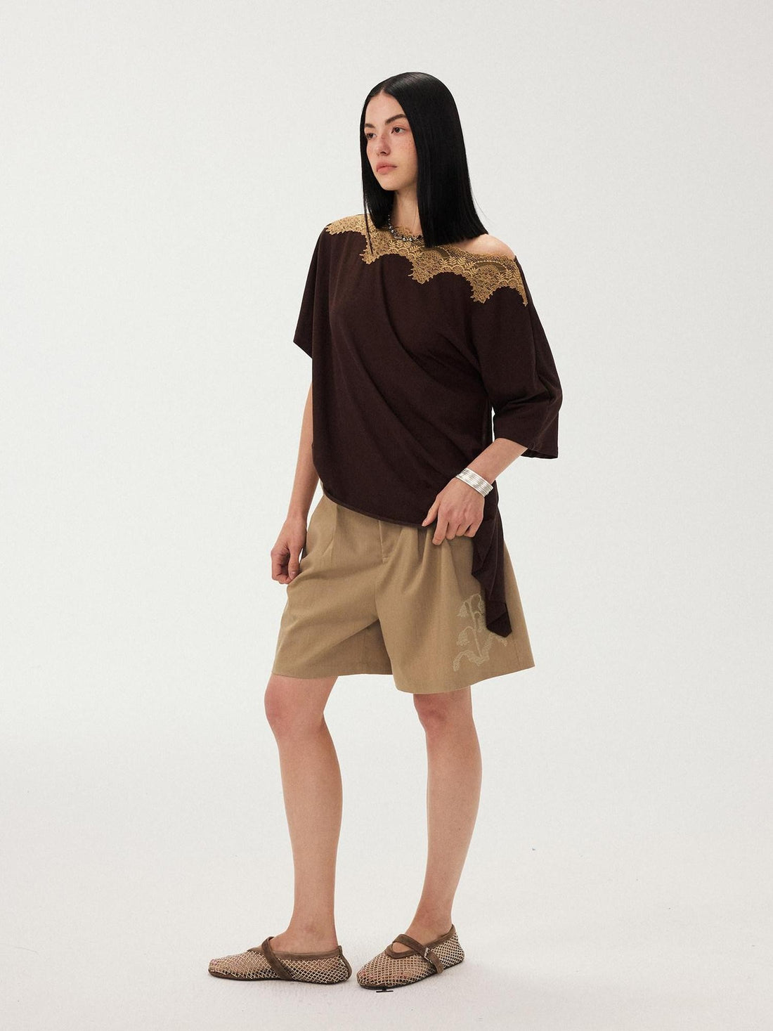 DIDDI MODA Desert Brown Embroidered Pleated Wide Leg Women&