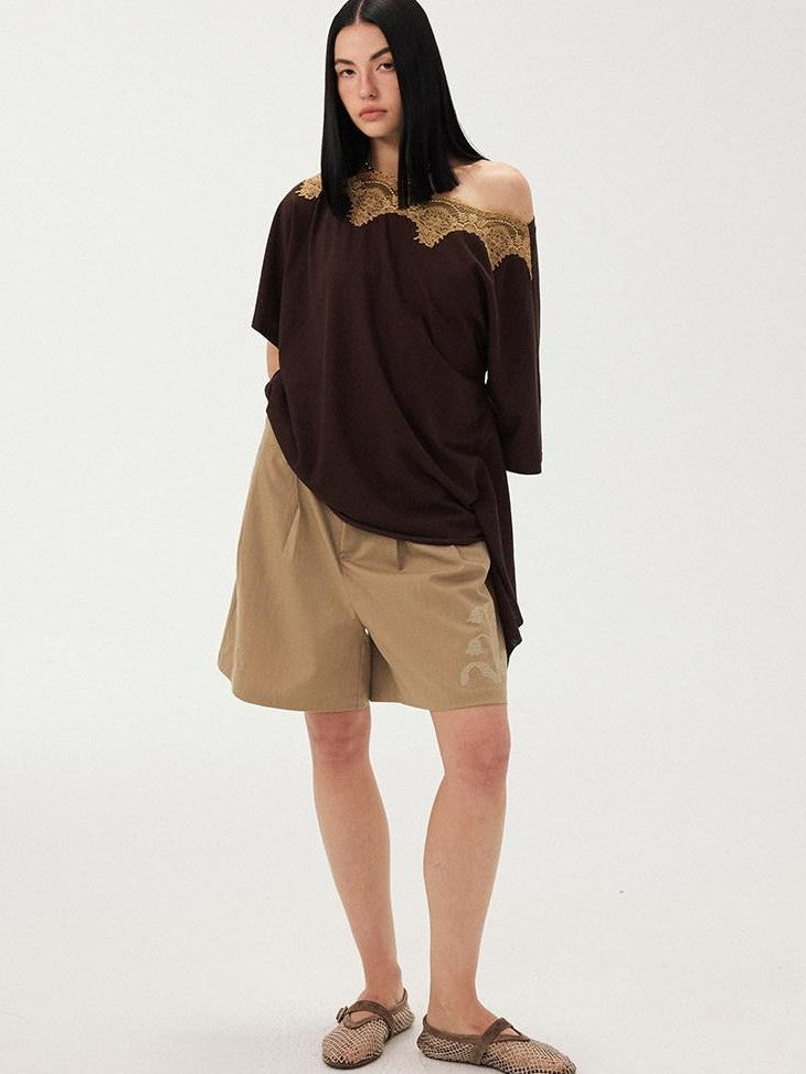 DIDDI MODA Desert Brown Embroidered Pleated Wide Leg Women&