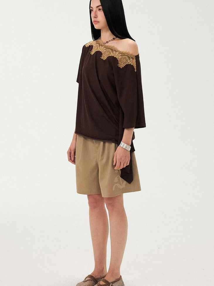 DIDDI MODA Desert Brown Embroidered Pleated Wide Leg Women&