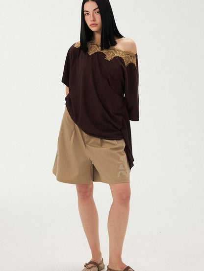 DIDDI MODA Desert Brown Embroidered Pleated Wide Leg Women&