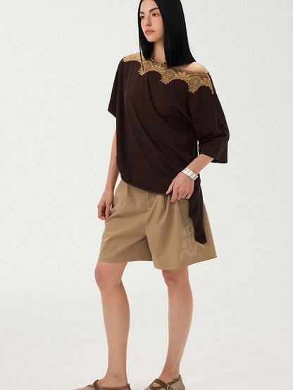 DIDDI MODA Desert Brown Embroidered Pleated Wide Leg Women&