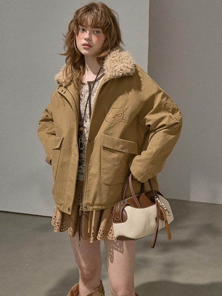 DIDDI MODA Detachable Fur Collar Cartoon Embroidery Women&