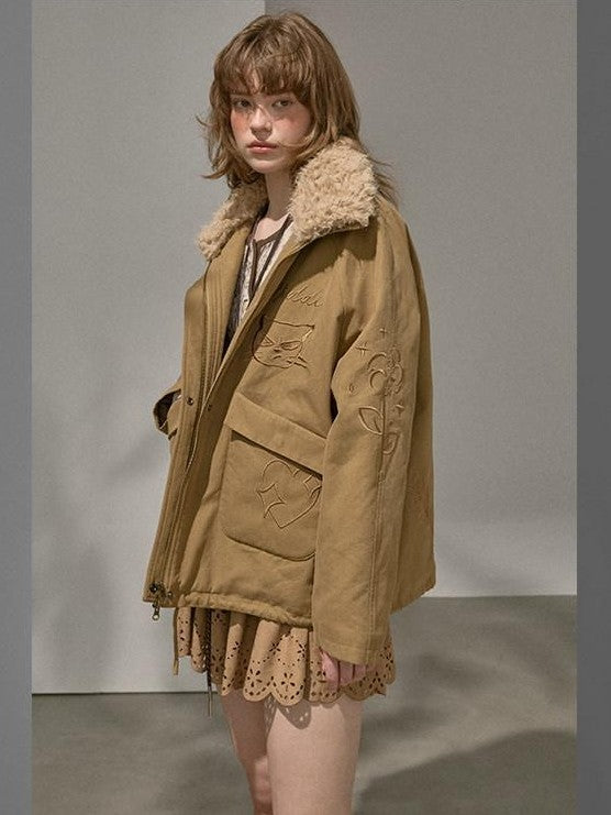 DIDDI MODA Detachable Fur Collar Cartoon Embroidery Women&
