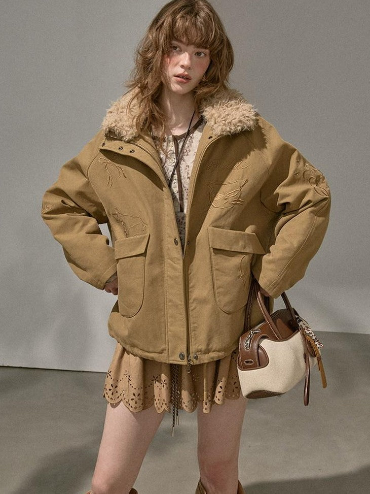 DIDDI MODA Detachable Fur Collar Cartoon Embroidery Women&