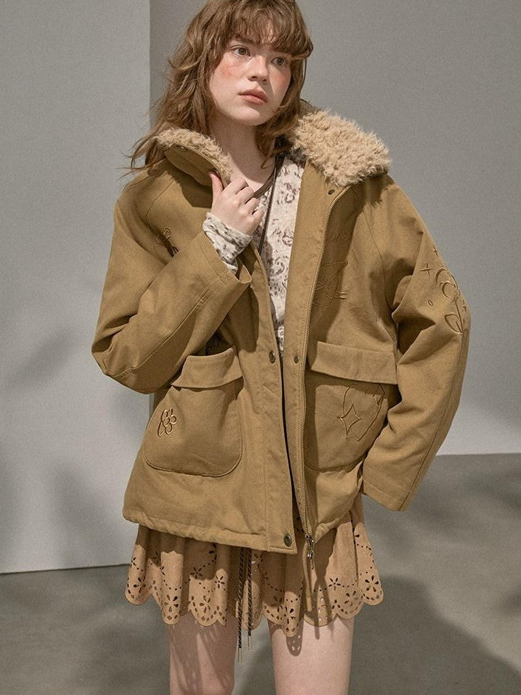 DIDDI MODA Detachable Fur Collar Cartoon Embroidery Women&