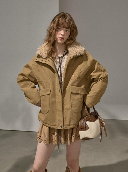 DIDDI MODA Detachable Fur Collar Cartoon Embroidery Women&