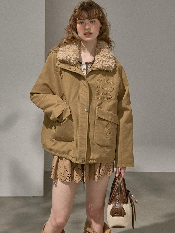DIDDI MODA Detachable Fur Collar Cartoon Embroidery Women&
