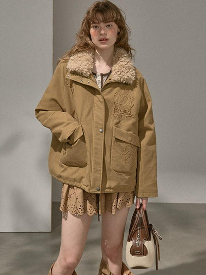 DIDDI MODA Detachable Fur Collar Cartoon Embroidery Women&