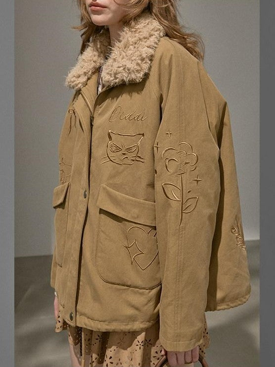 DIDDI MODA Detachable Fur Collar Cartoon Embroidery Women&