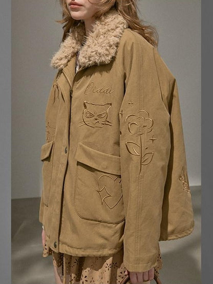 DIDDI MODA Detachable Fur Collar Cartoon Embroidery Women&
