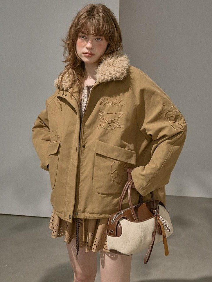 DIDDI MODA Detachable Fur Collar Cartoon Embroidery Women&