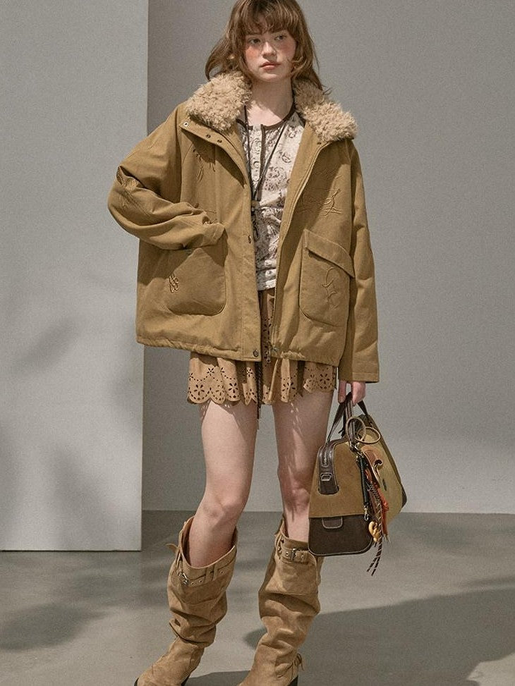 DIDDI MODA Detachable Fur Collar Cartoon Embroidery Women&