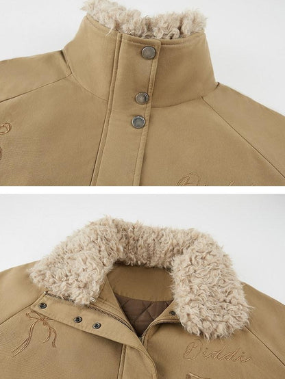 DIDDI MODA Detachable Fur Collar Cartoon Embroidery Women&
