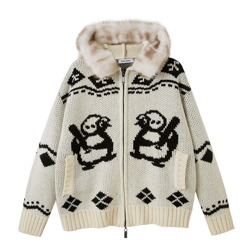 DIDDI_MODA_Detachable_Fur_Collar_Penguin_Jacquard_Hooded_Women&