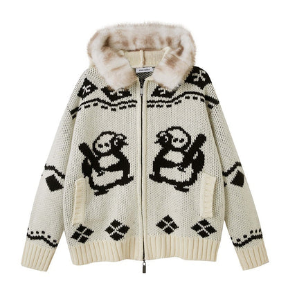 DIDDI_MODA_Detachable_Fur_Collar_Penguin_Jacquard_Hooded_Women&
