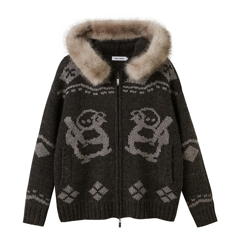 DIDDI_MODA_Detachable_Fur_Collar_Penguin_Jacquard_Hooded_Women&