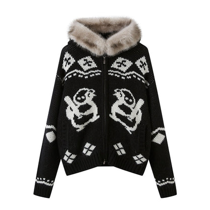DIDDI_MODA_Detachable_Fur_Collar_Penguin_Jacquard_Hooded_Women&