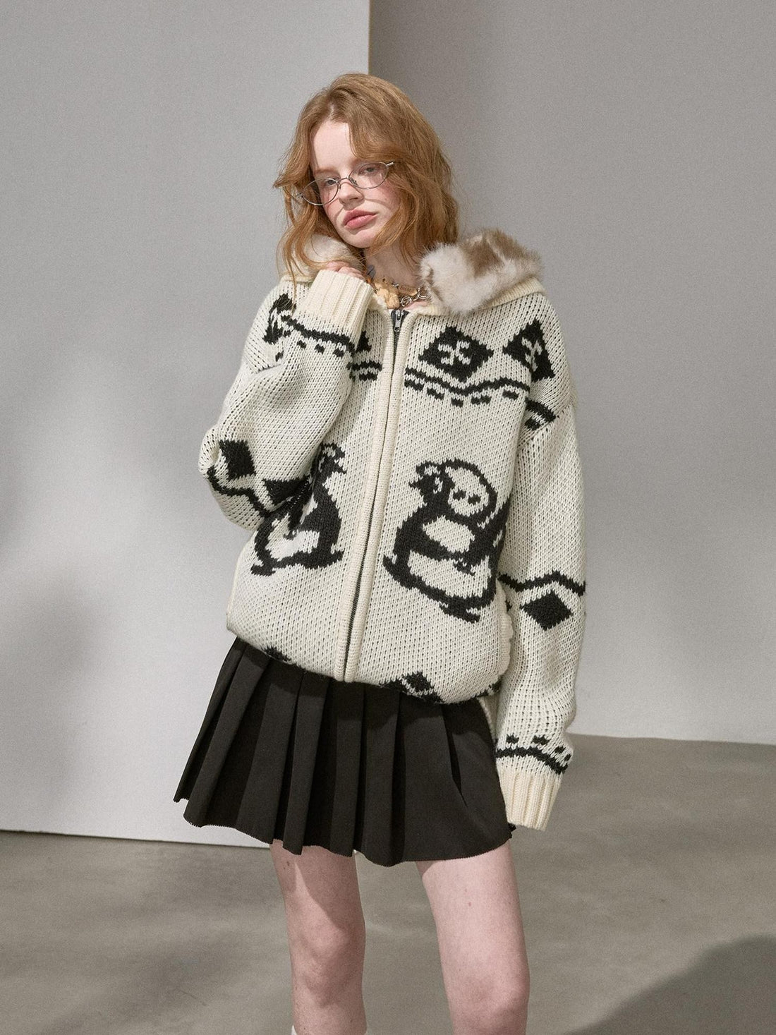 DIDDI MODA Detachable Fur Collar Penguin Jacquard Hooded Women&