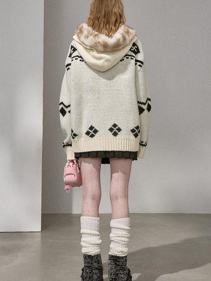 DIDDI MODA Detachable Fur Collar Penguin Jacquard Hooded Women&