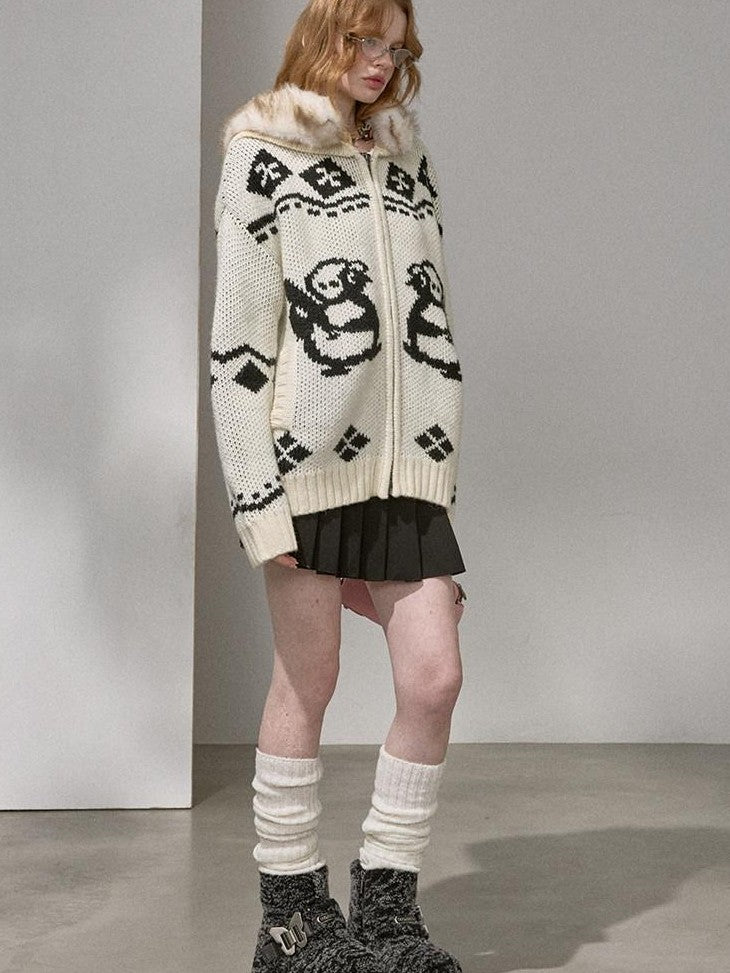 DIDDI MODA Detachable Fur Collar Penguin Jacquard Hooded Women&