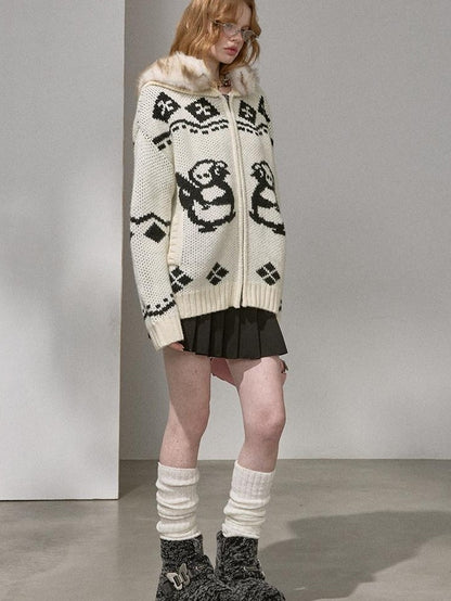 DIDDI MODA Detachable Fur Collar Penguin Jacquard Hooded Women&