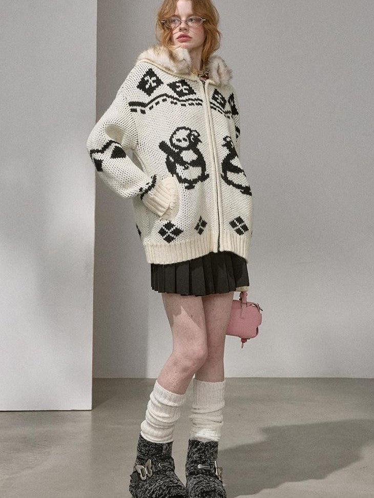 DIDDI MODA Detachable Fur Collar Penguin Jacquard Hooded Women&