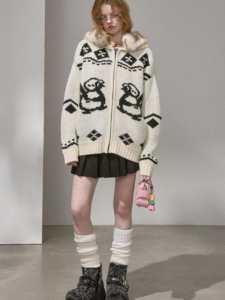 DIDDI MODA Detachable Fur Collar Penguin Jacquard Hooded Women&