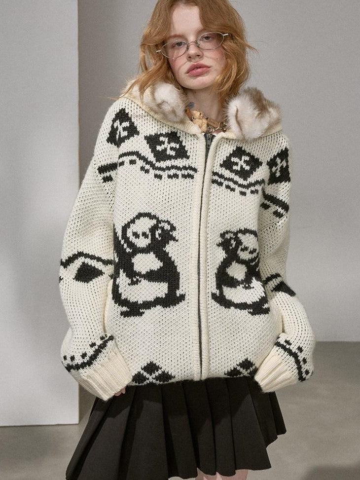 DIDDI MODA Detachable Fur Collar Penguin Jacquard Hooded Women&