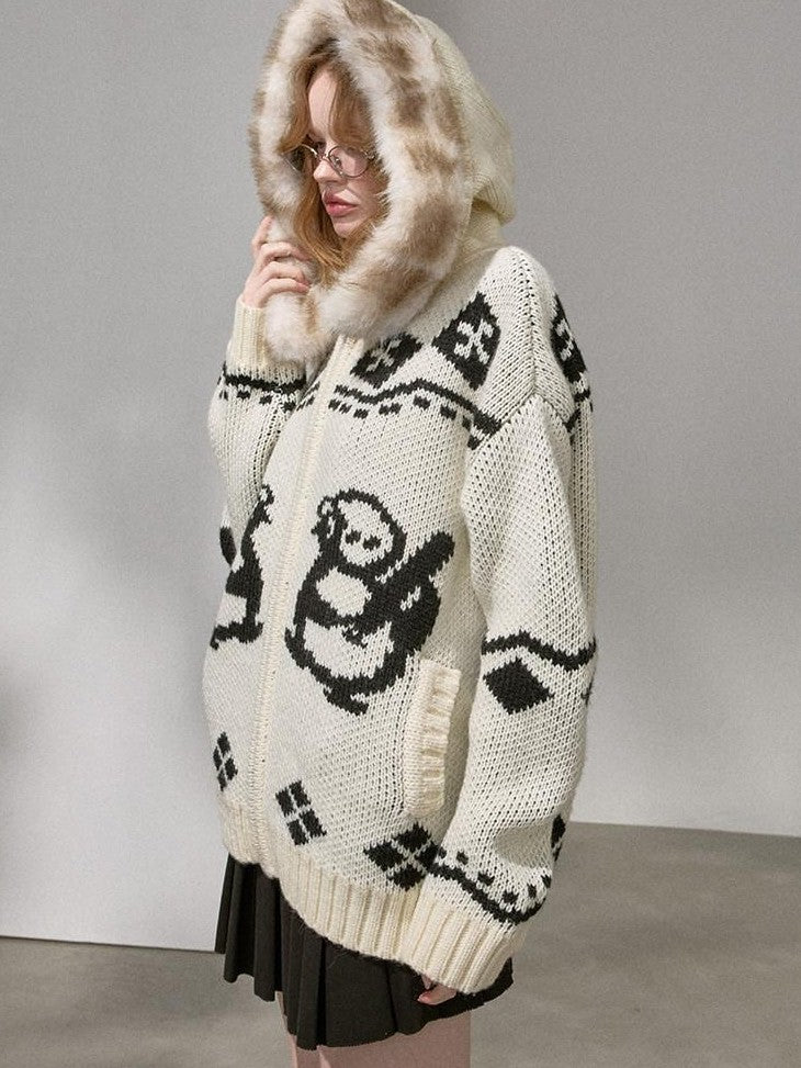 DIDDI MODA Detachable Fur Collar Penguin Jacquard Hooded Women&