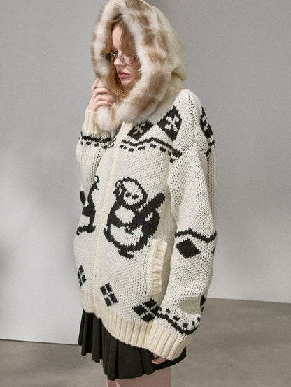 DIDDI MODA Detachable Fur Collar Penguin Jacquard Hooded Women&