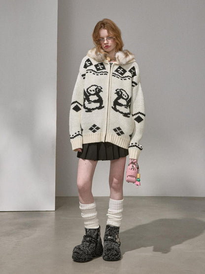 DIDDI MODA Detachable Fur Collar Penguin Jacquard Hooded Women&