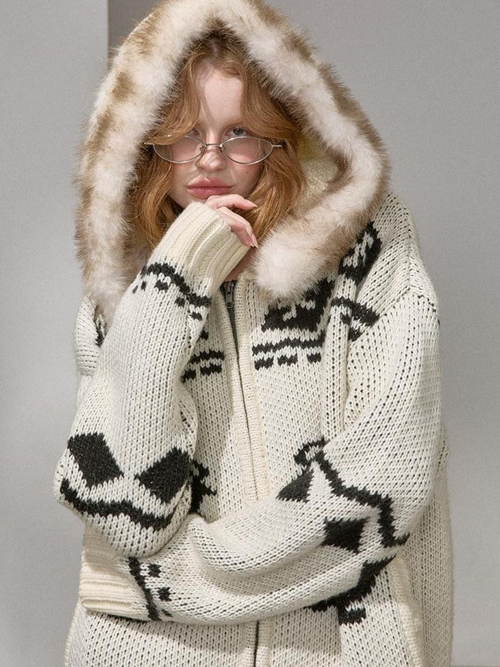 DIDDI MODA Detachable Fur Collar Penguin Jacquard Hooded Women&