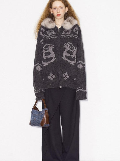 DIDDI MODA Detachable Fur Collar Penguin Jacquard Hooded Women&