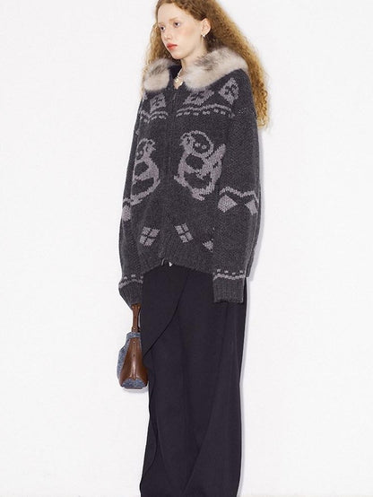 DIDDI MODA Detachable Fur Collar Penguin Jacquard Hooded Women&