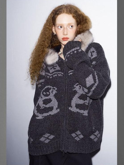 DIDDI MODA Detachable Fur Collar Penguin Jacquard Hooded Women&