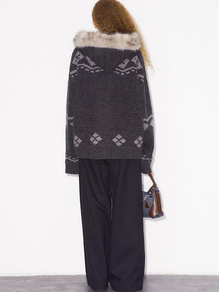 DIDDI MODA Detachable Fur Collar Penguin Jacquard Hooded Women&