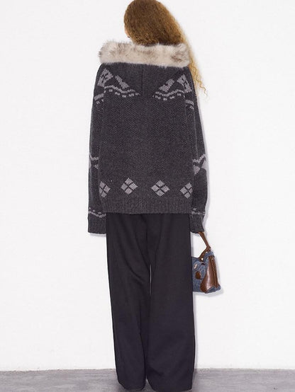 DIDDI MODA Detachable Fur Collar Penguin Jacquard Hooded Women&