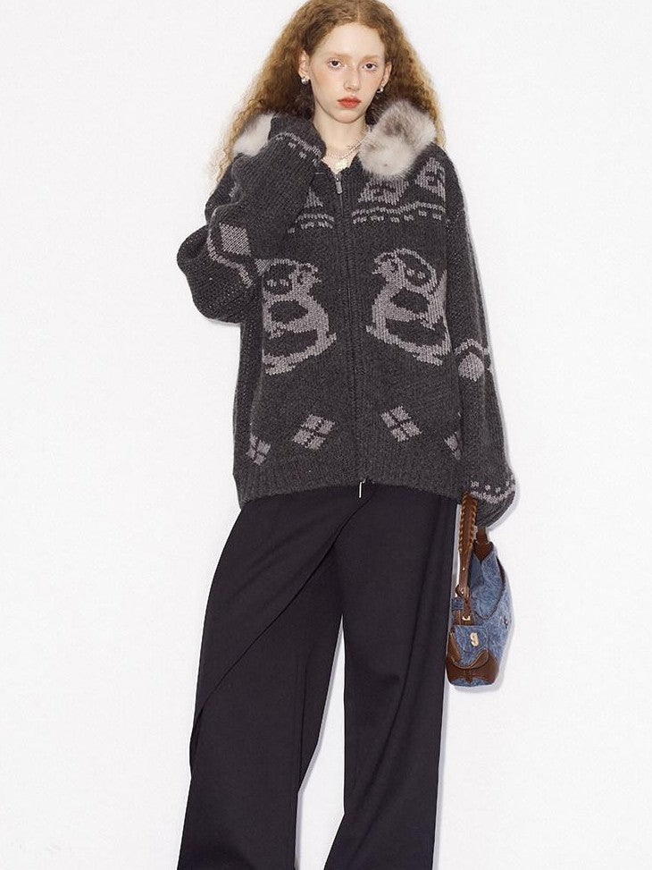 DIDDI MODA Detachable Fur Collar Penguin Jacquard Hooded Women&
