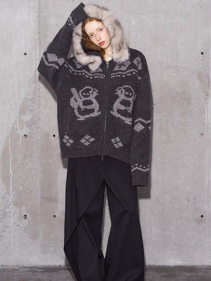 DIDDI MODA Detachable Fur Collar Penguin Jacquard Hooded Women&