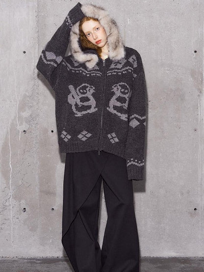 DIDDI MODA Detachable Fur Collar Penguin Jacquard Hooded Women&