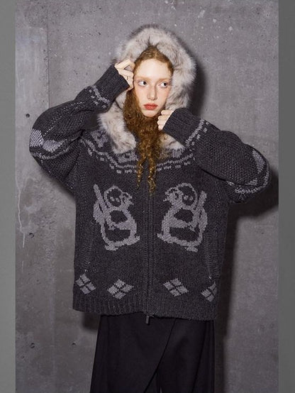 DIDDI MODA Detachable Fur Collar Penguin Jacquard Hooded Women&