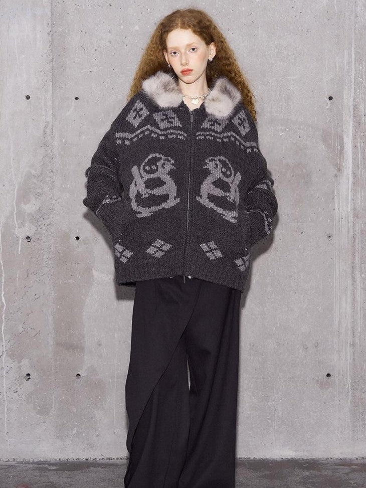 DIDDI MODA Detachable Fur Collar Penguin Jacquard Hooded Women&