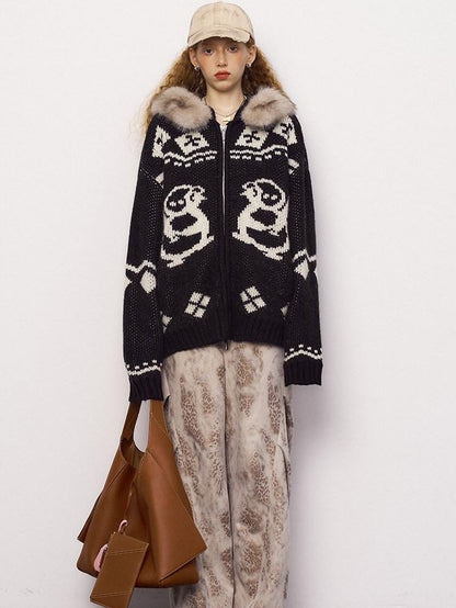 DIDDI MODA Detachable Fur Collar Penguin Jacquard Hooded Women&
