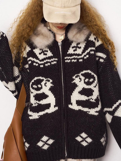 DIDDI MODA Detachable Fur Collar Penguin Jacquard Hooded Women&