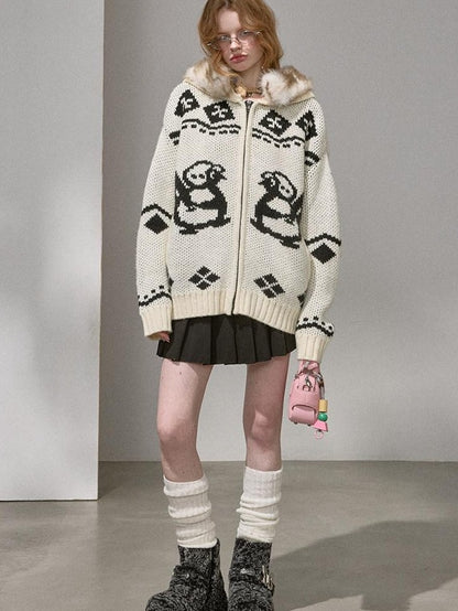 DIDDI MODA Detachable Fur Collar Penguin Jacquard Hooded Women&
