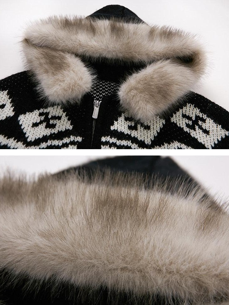 DIDDI MODA Detachable Fur Collar Penguin Jacquard Hooded Women&
