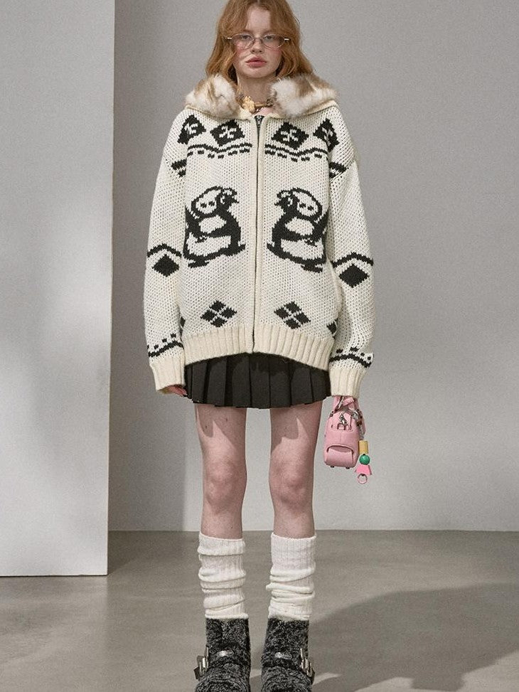 DIDDI MODA Detachable Fur Collar Penguin Jacquard Hooded Women&