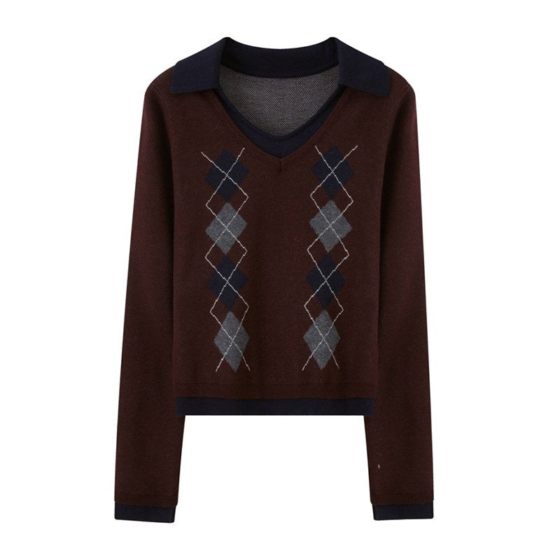 DIDDI_MODA_Diamond_V-neck_Contrast_Faux_Layer_Slim_Women&